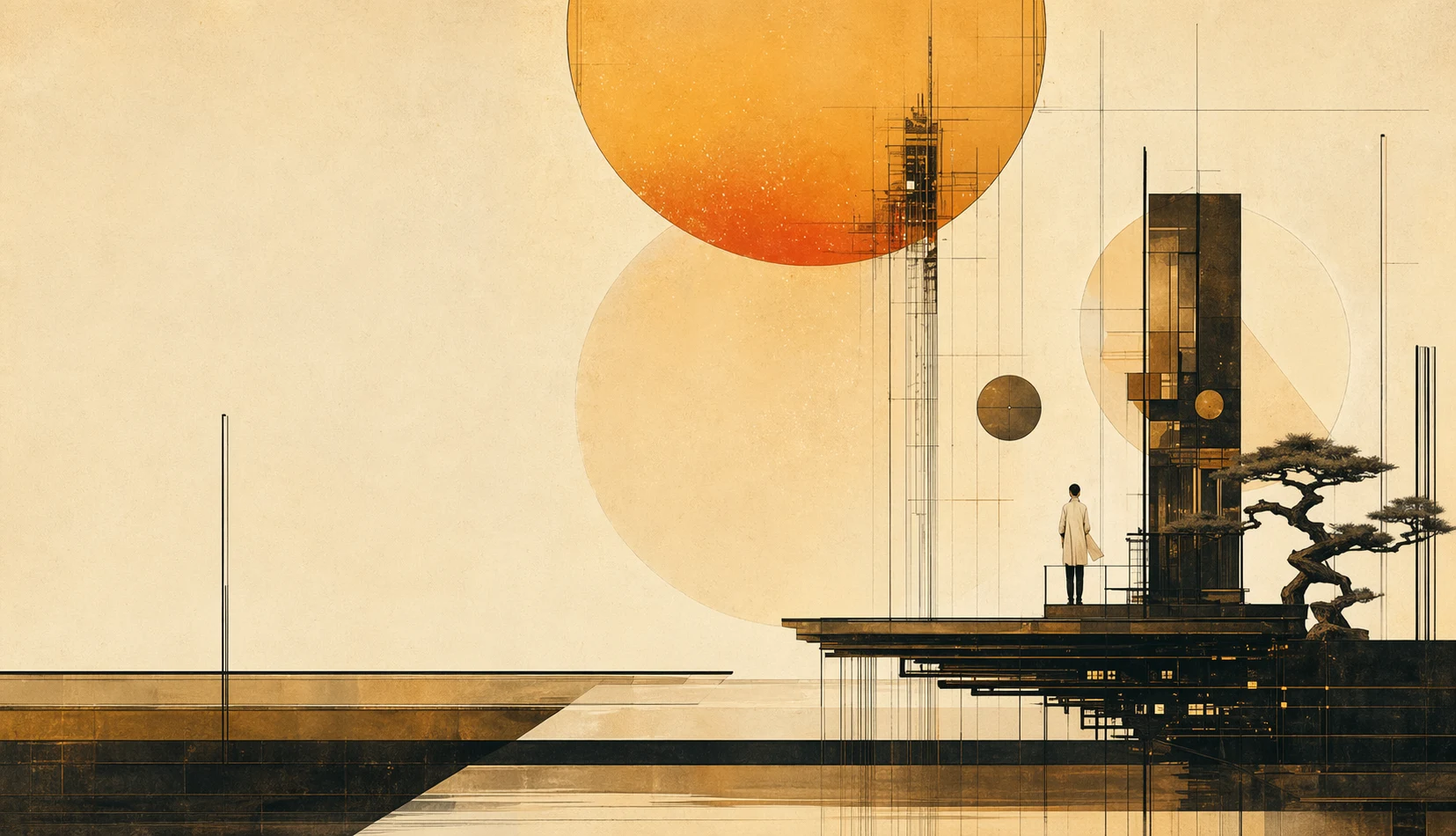 A quiet illustrated architectural platform with amber circles, slim towers, and a lone visitor.
